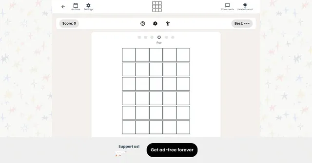 Wordie daily board: an empty grid of six rows of five boxes with score, best and par indicators