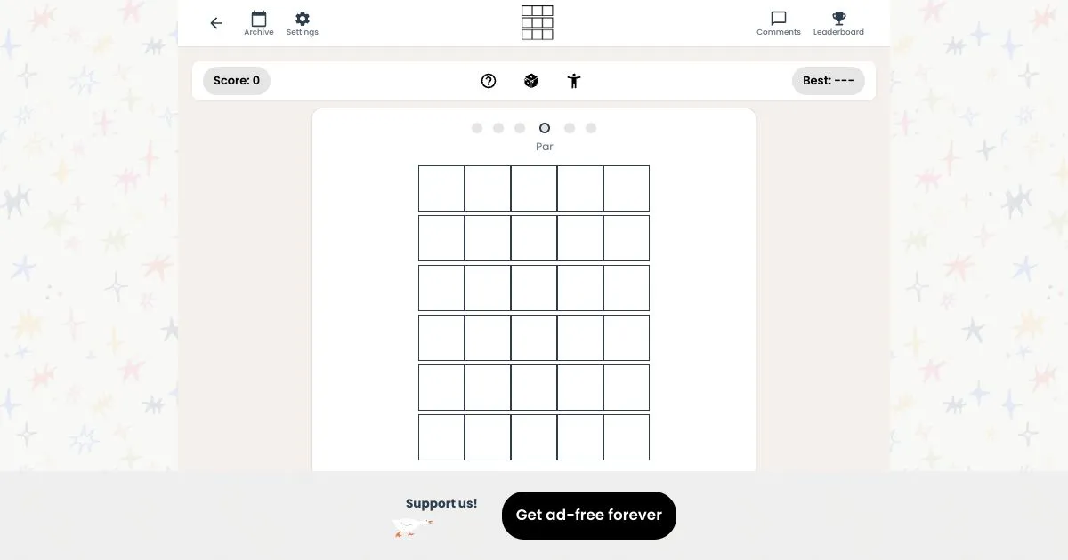 Wordie daily board: an empty grid of six rows of five boxes with score, best and par indicators