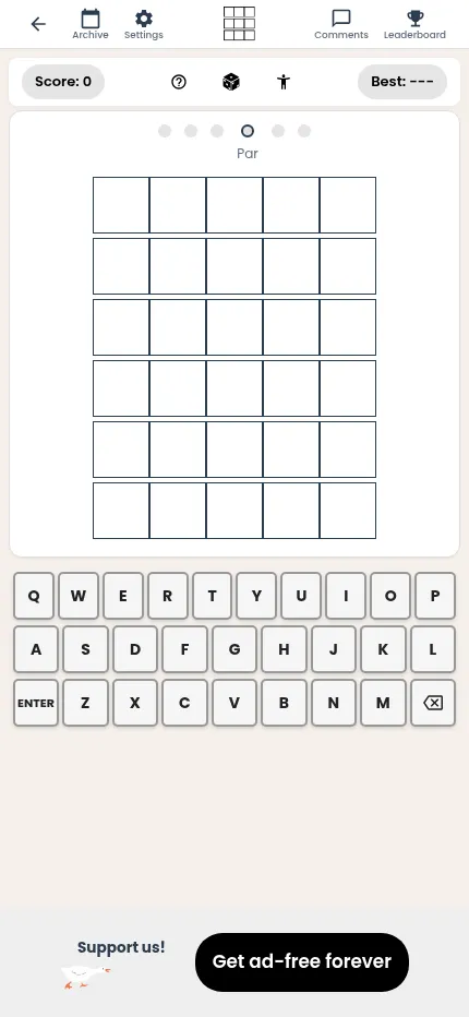 Wordie at phone size: an empty board of six five-letter rows under the par dots, with the on-screen keyboard below