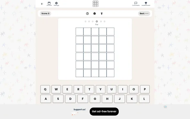 Wordie daily board: an empty grid of six rows of five boxes under a row of par dots, with Score and Best counters above and a QWERTY keyboard below