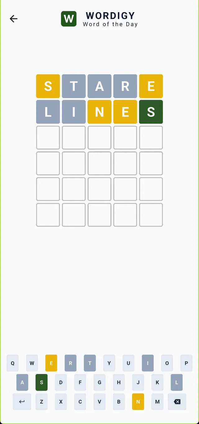 Wordigy Word of the Day board with the guesses STARE and LINES coloured yellow, grey and green