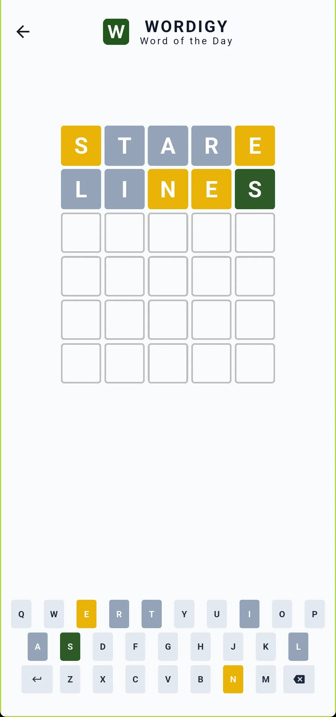 Wordigy Word of the Day board with the guesses STARE and LINES coloured yellow, grey and green
