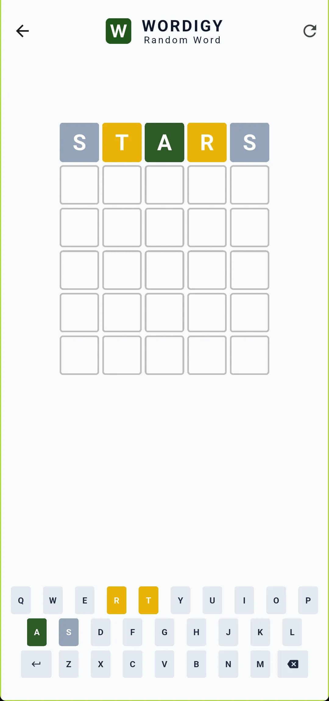 Wordigy Random Word mode with the first guess STARS