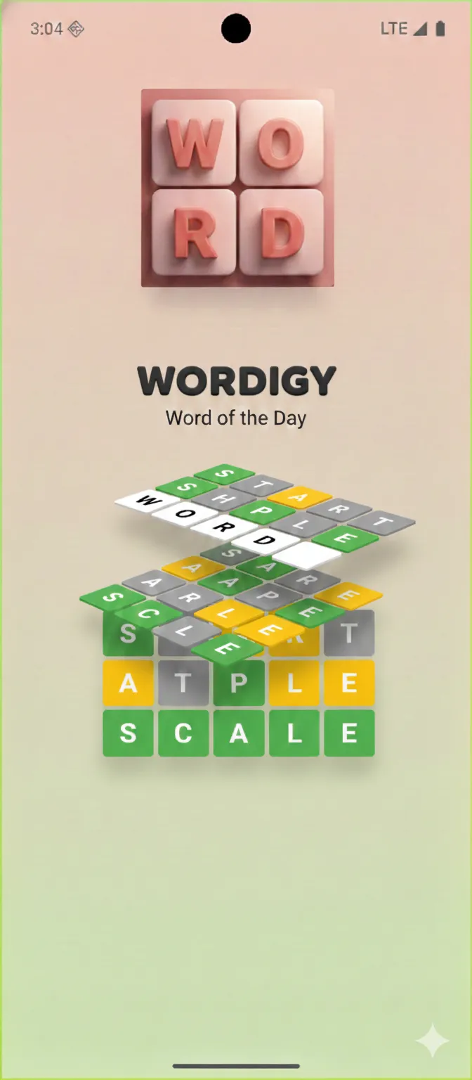 Wordigy title screen, Word of the Day, with stacked letter tiles spelling SCALE