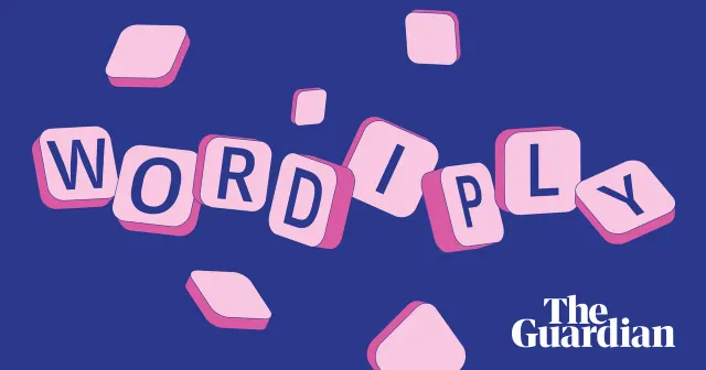 The word Wordiply on pink letter tiles over a blue background with the Guardian logo