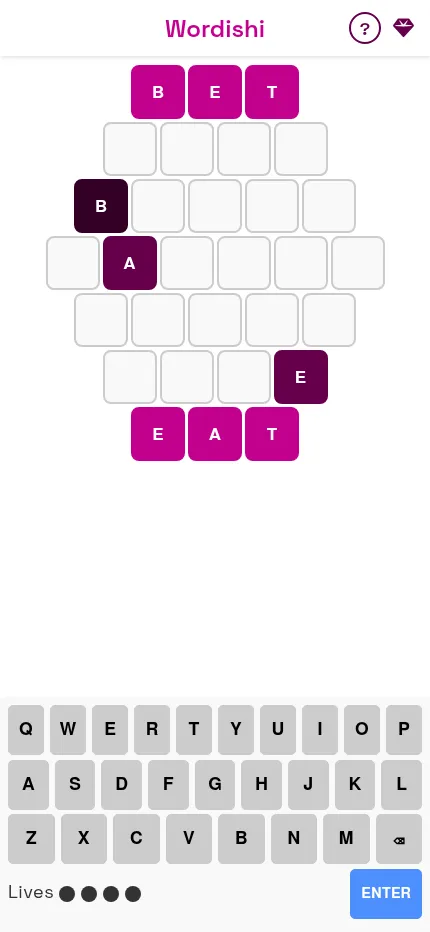 Wordishi on a phone: the BET to EAT diamond above an on-screen keyboard, with four lives shown beside the Enter key