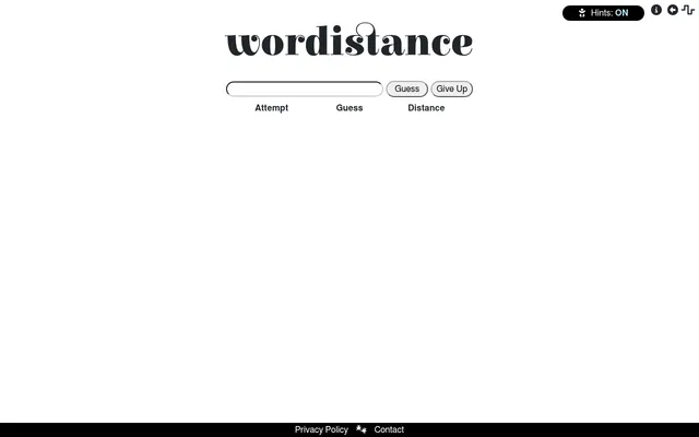 Wordistance board before the first guess: the guess box with Guess and Give Up buttons above the table of Attempt, Guess and Distance where each guess's edit distance from the day's word is listed