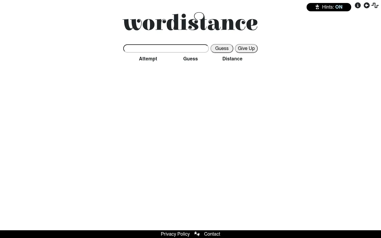 Wordistance board before the first guess: the guess box with Guess and Give Up buttons above the table of Attempt, Guess and Distance