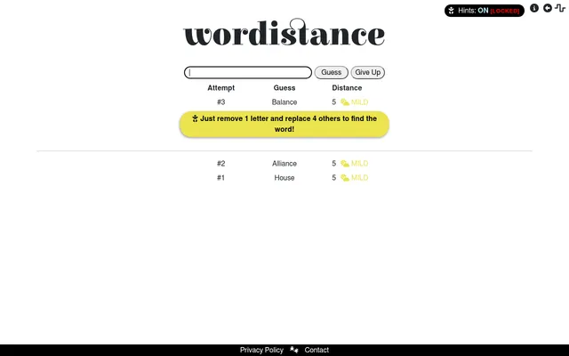 Wordistance mid-game: three guesses (House, Alliance, Balance) each at distance 5 with a MILD label, and the hint line saying to remove 1 letter and replace 4 others