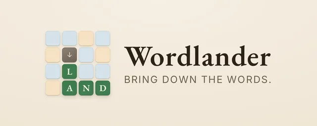 Wordlander cover: a 4x4 board of pastel tiles with the word LAND chained in green below a stone, beside the title Bring down the words