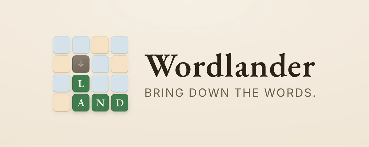 Wordlander cover: a 4x4 board of pastel tiles with the word LAND chained in green below a stone, beside the title Bring down the words
