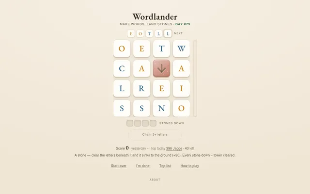 Wordlander Day #79 on 29 October 2026: a 4x4 board of letter tiles with a red stone in the second row, the Next queue above and four empty stone slots below