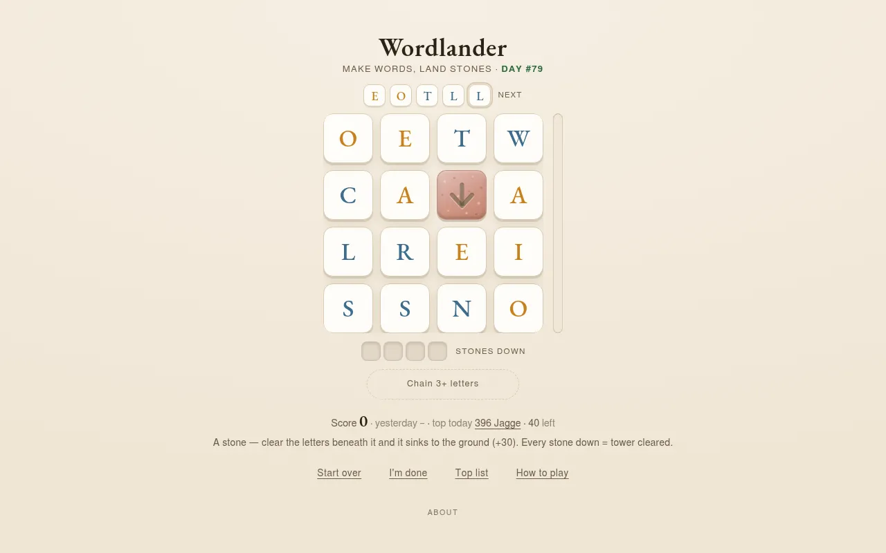 Wordlander Day #79 on 29 October 2026: a 4x4 board of letter tiles with a red stone in the second row, the Next queue above and four empty stone slots below