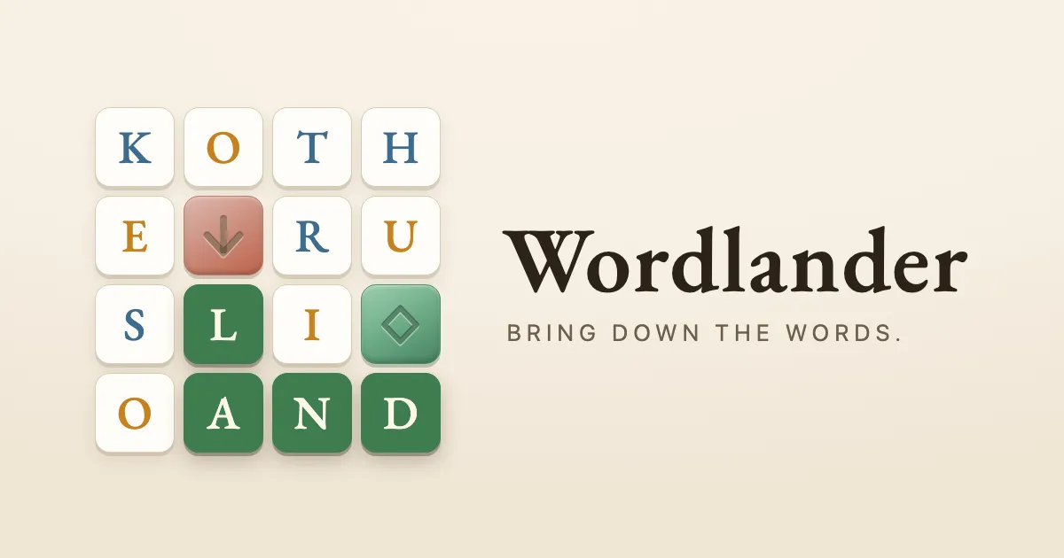 Wordlander share card: a 4x4 board with a red stone, a green diamond and the word LAND chained in green, beside the title and the line Bring down the words