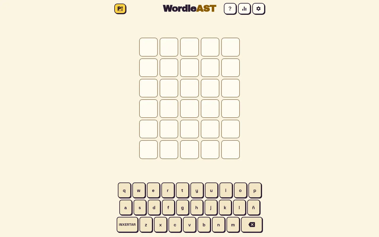 The Wordle AST board: an empty five-by-six grid under the WordleAST title, with an Asturian keyboard including ñ and an INXERTAR key