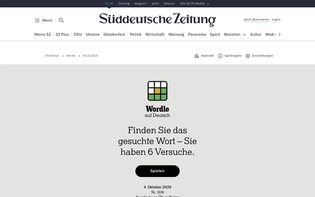 Wordle auf Deutsch start screen on SZ.de for 4 October 2026, puzzle number 308: the grid icon, the title, the line Finden Sie das gesuchte Wort and a Spielen button