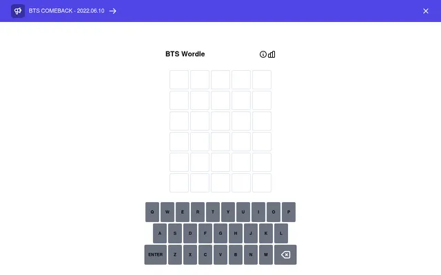 The BTS Wordle board: six empty rows of five tiles and a keyboard, under a banner announcing the BTS comeback of 2022.06.10