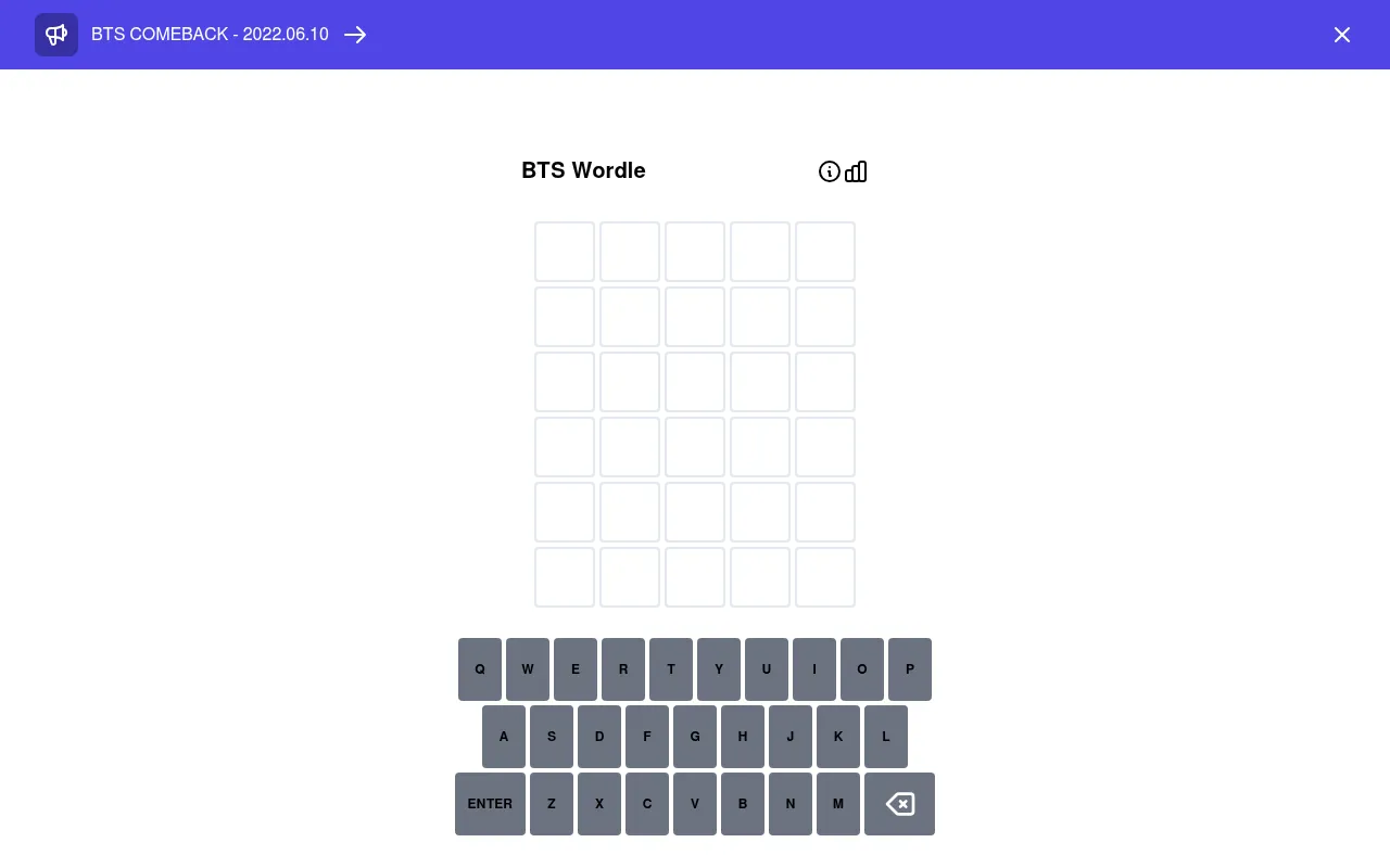 The BTS Wordle board: six empty rows of five tiles and a keyboard, under a banner announcing the BTS comeback of 2022.06.10