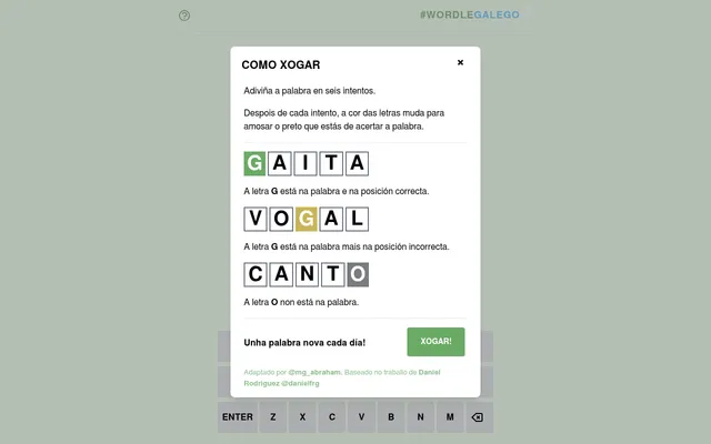 The Wordle Galego help card: example words GAITA, VOGAL and CANTO with green, yellow and grey tiles, and the line Unha palabra nova cada día