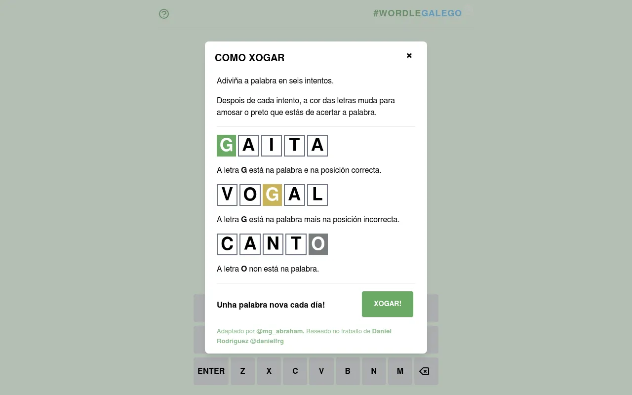 The Wordle Galego help card: example words GAITA, VOGAL and CANTO with green, yellow and grey tiles, and the line Unha palabra nova cada día