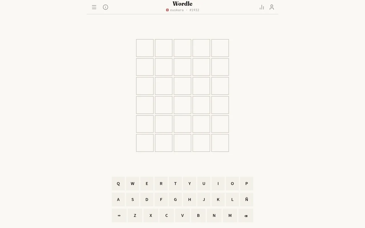 Wordle Global in Basque (euskara), daily puzzle #1932: the empty six-row board and a keyboard with Ñ