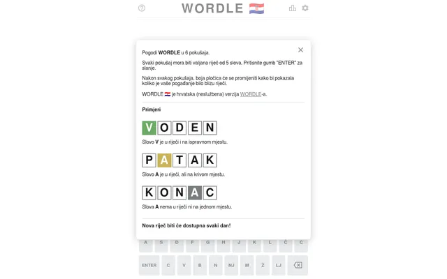 Wordle HR how-to-play card in Croatian with example rows VODEN, PATAK and KONAC showing green, yellow and grey tiles, over the board and a keyboard with Č, Ć, Ž, NJ and LJ keys