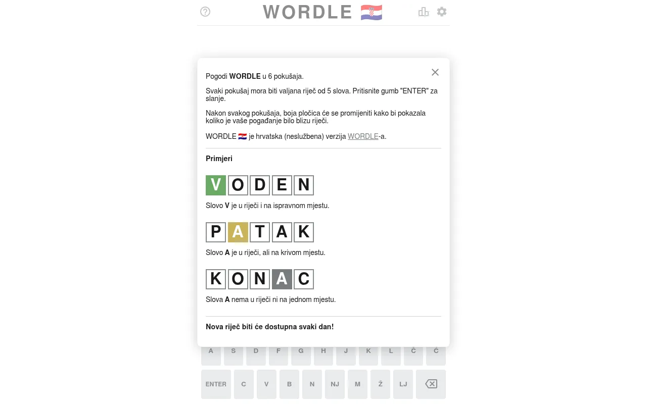 Wordle HR how-to-play card in Croatian with example rows VODEN, PATAK and KONAC showing green, yellow and grey tiles, over the board and a keyboard with Č, Ć, Ž, NJ and LJ keys