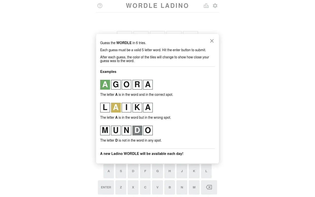 The Wordle Ladino help card: example words AGORA, LAIKA and MUNDO with green, yellow and grey tiles, and the line A new Ladino WORDLE will be available each day