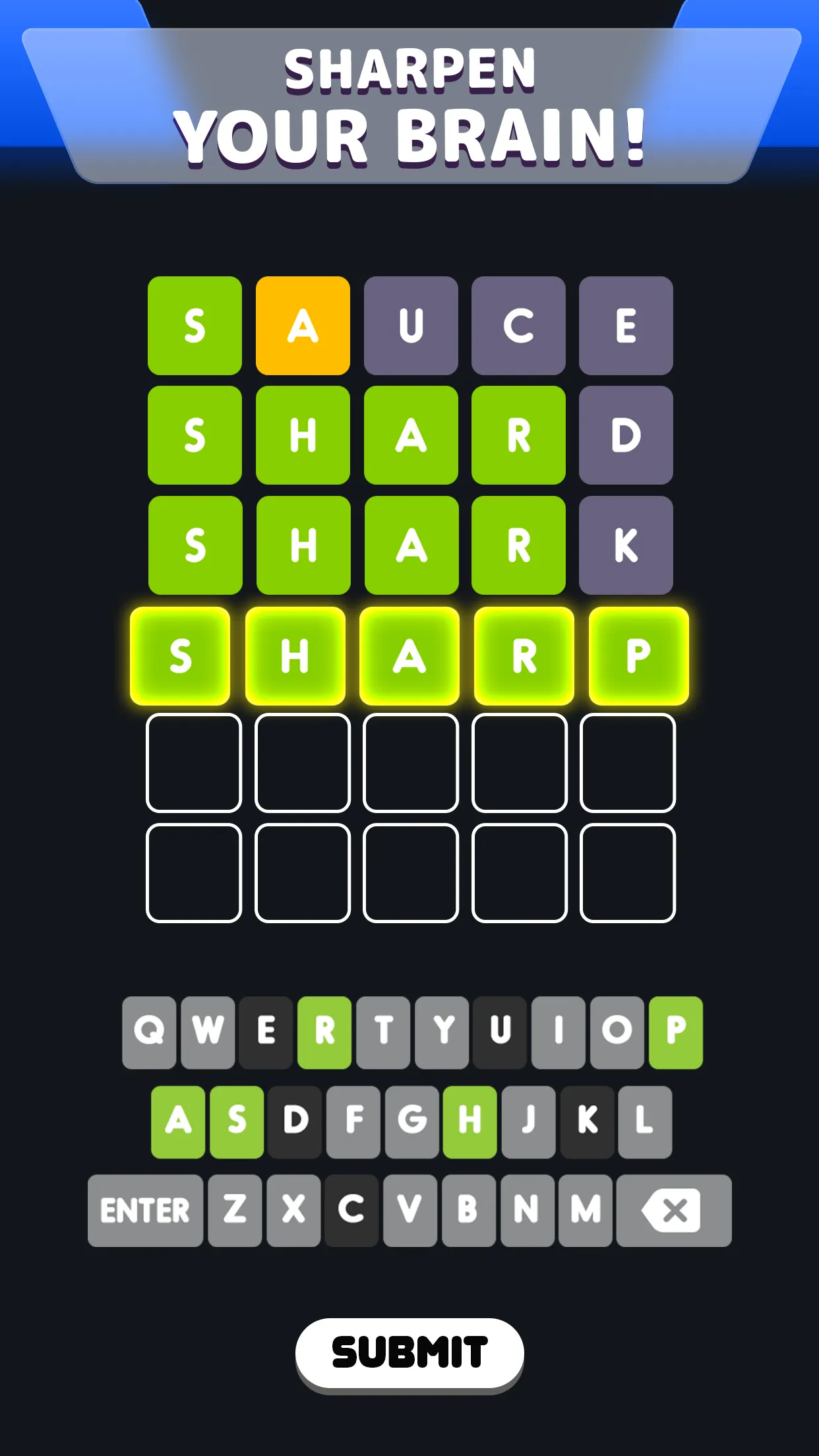 Wordle! by Lion Studios: guesses SAUCE, SHARD and SHARK leading to SHARP on the fourth row