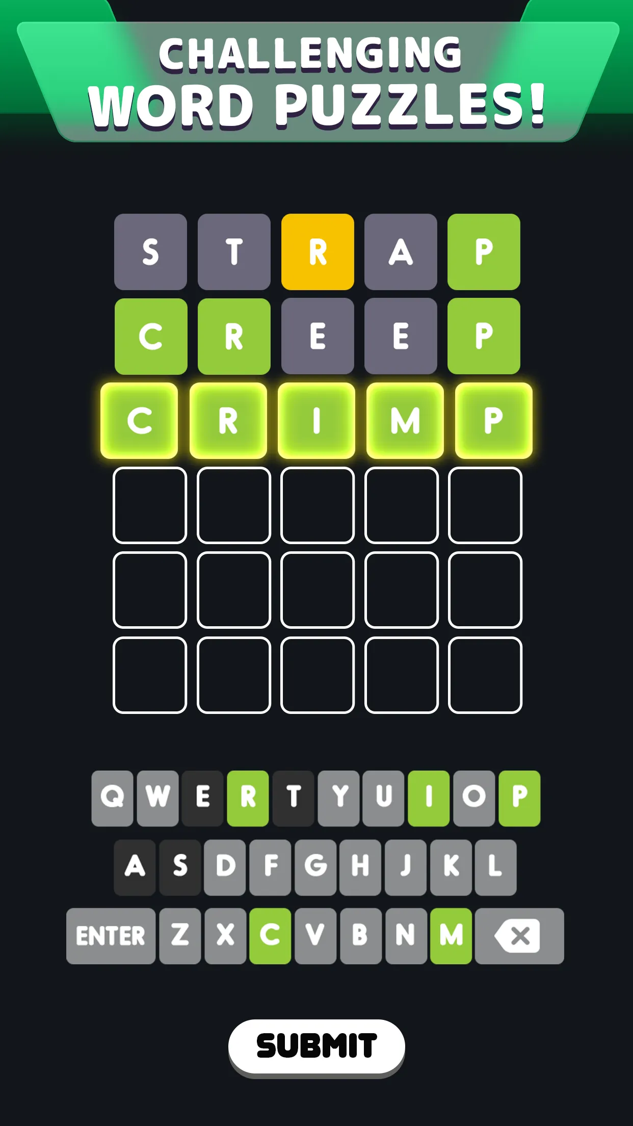 Wordle! by Lion Studios: a board solved on the third guess, CRIMP, with green and yellow tiles