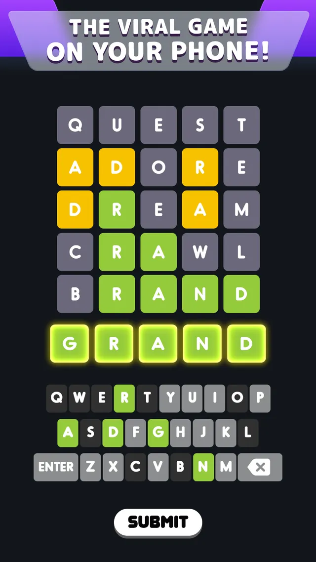 Wordle! by Lion Studios: a solved board with five guesses ending in GRAND in green tiles, above the coloured keyboard