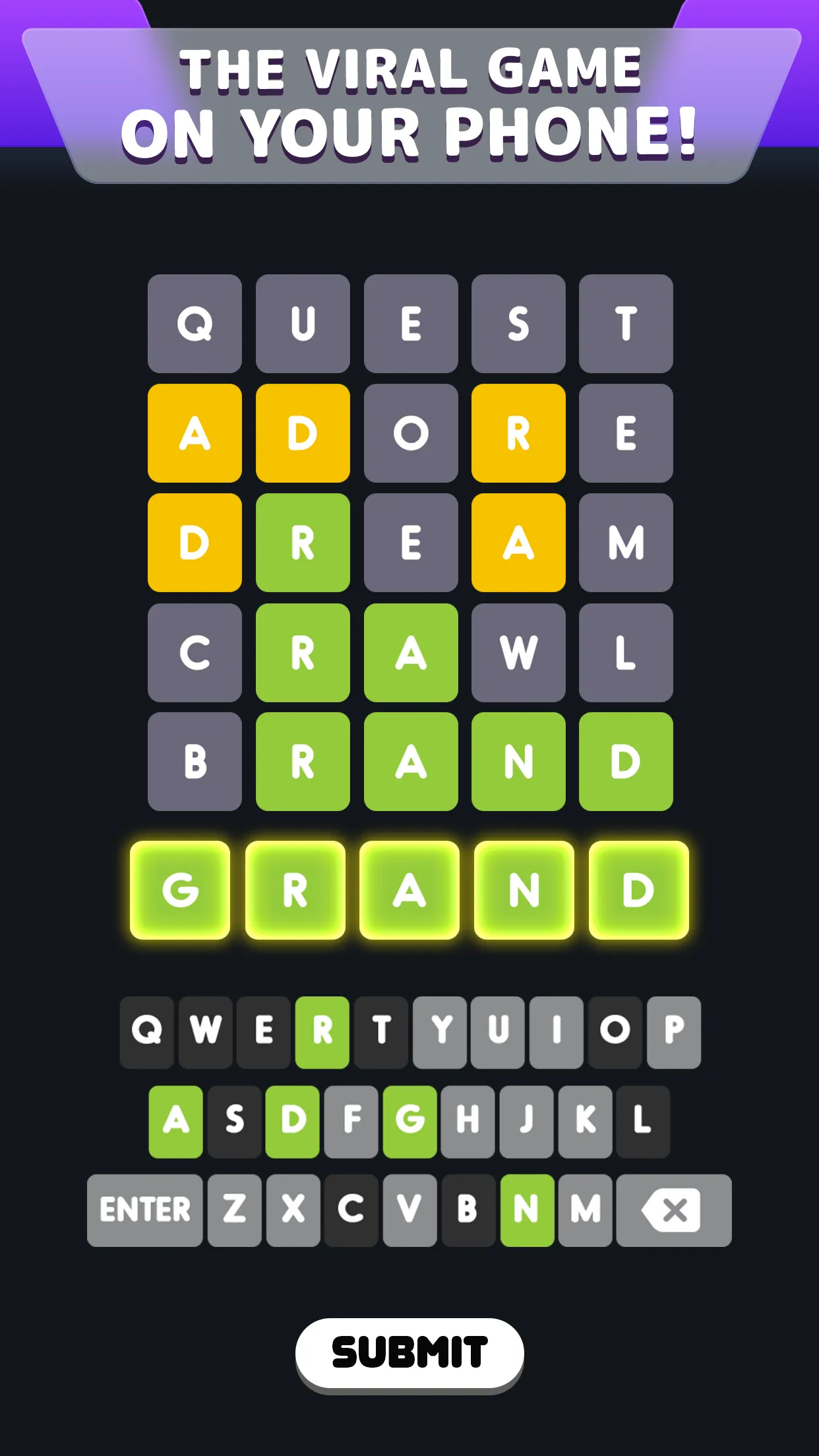 Wordle! by Lion Studios: a solved board with five guesses ending in GRAND in green tiles, above the coloured keyboard