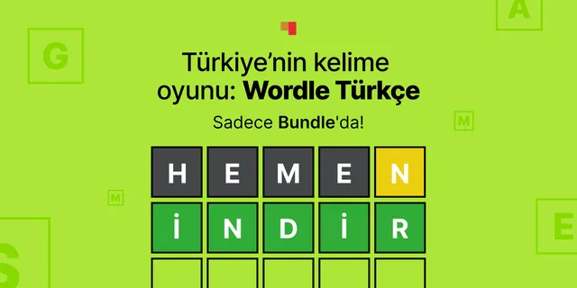 Wordle Türkçe cover from Bundle: a Wordle grid with the guesses HEMEN and İNDİR in grey, yellow and green tiles