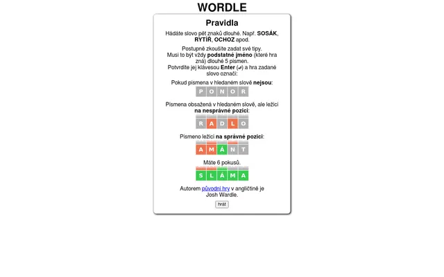 The rules card of Wordle v češtině (Pravidla): example five-letter Czech words PONOR, RADLO, AMÁNT and SLÁMA in grey, orange and green tiles