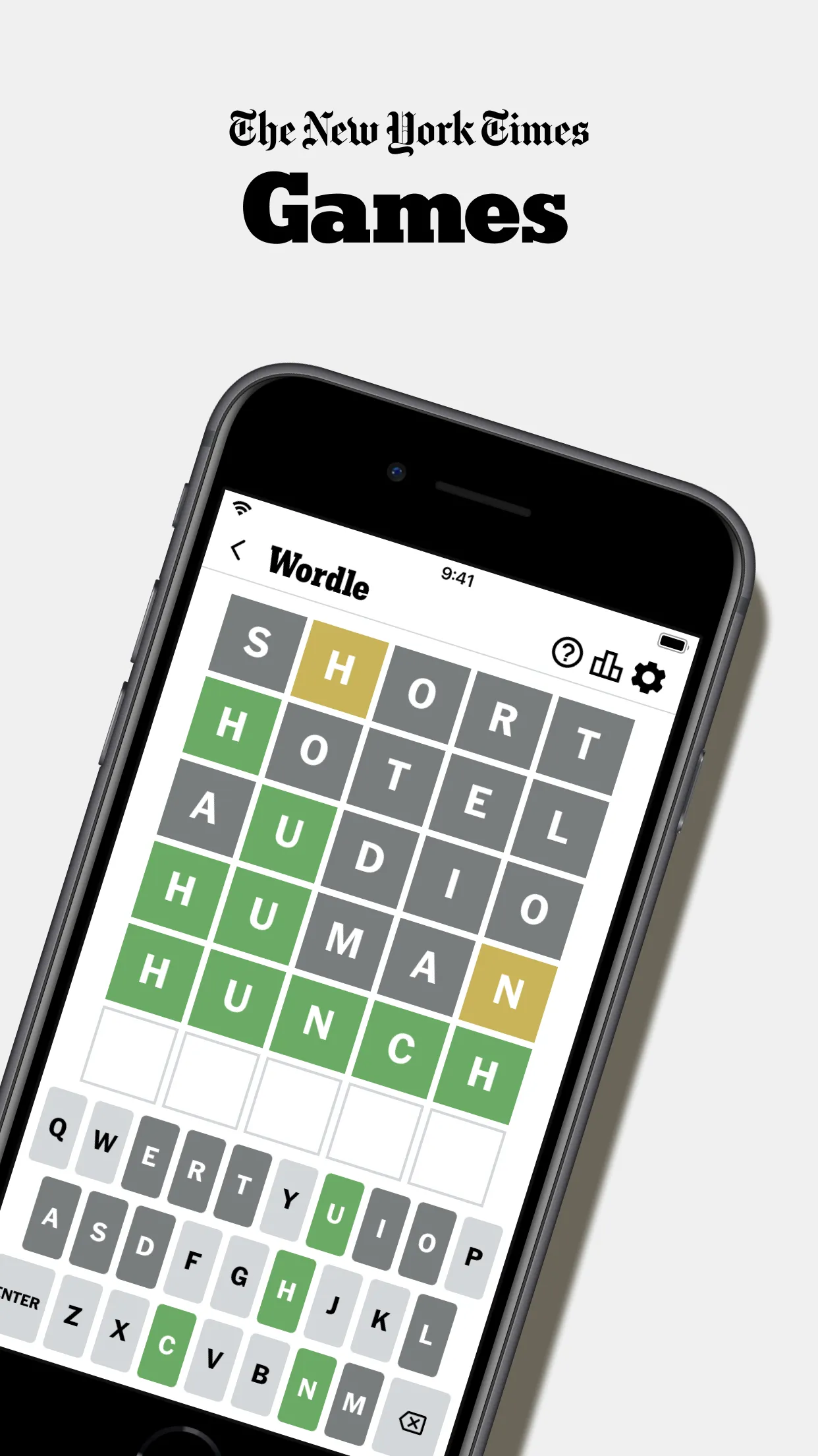 Wordle on an iPhone in the NYT Games app, solved in five guesses with HUNCH all green and the coloured keyboard underneath (App Store screenshot)