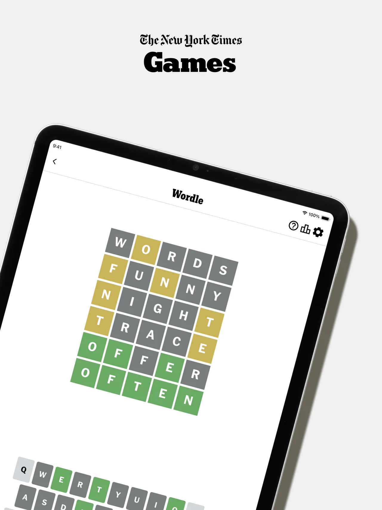Wordle in the NYT Games app on an iPad: six rows of green, yellow and grey tiles ending in OFTEN, with the keyboard below (App Store screenshot)