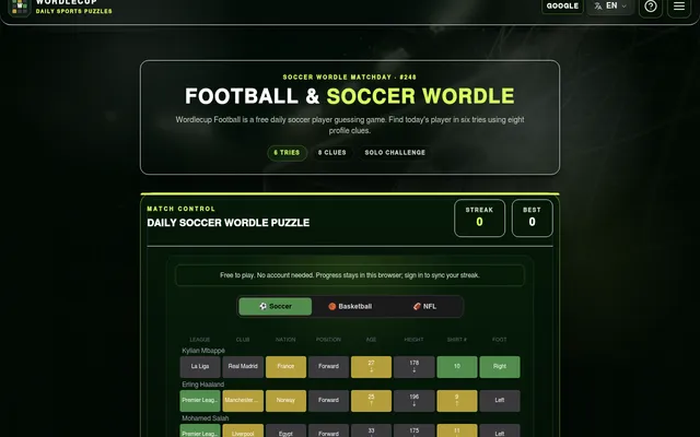 WordleCup Soccer Wordle Matchday 248 on a desktop, with guesses of Mbappe, Haaland and then Salah scored green, yellow or grey on eight clues such as league, club and shirt