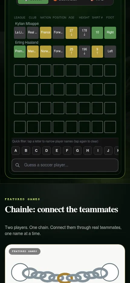 WordleCup Soccer Wordle on a phone: two guessed rows of coloured clue tiles above the empty rows, the letter filter and the player search box