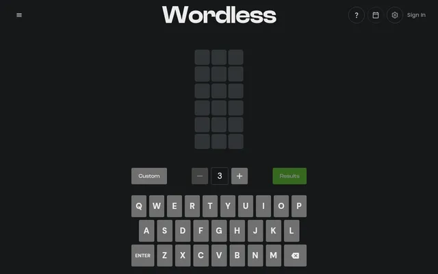 The Wordless board: an empty grid of six rows of three tiles, a word-length picker set to 3 between Custom and Results buttons, and an on-screen keyboard