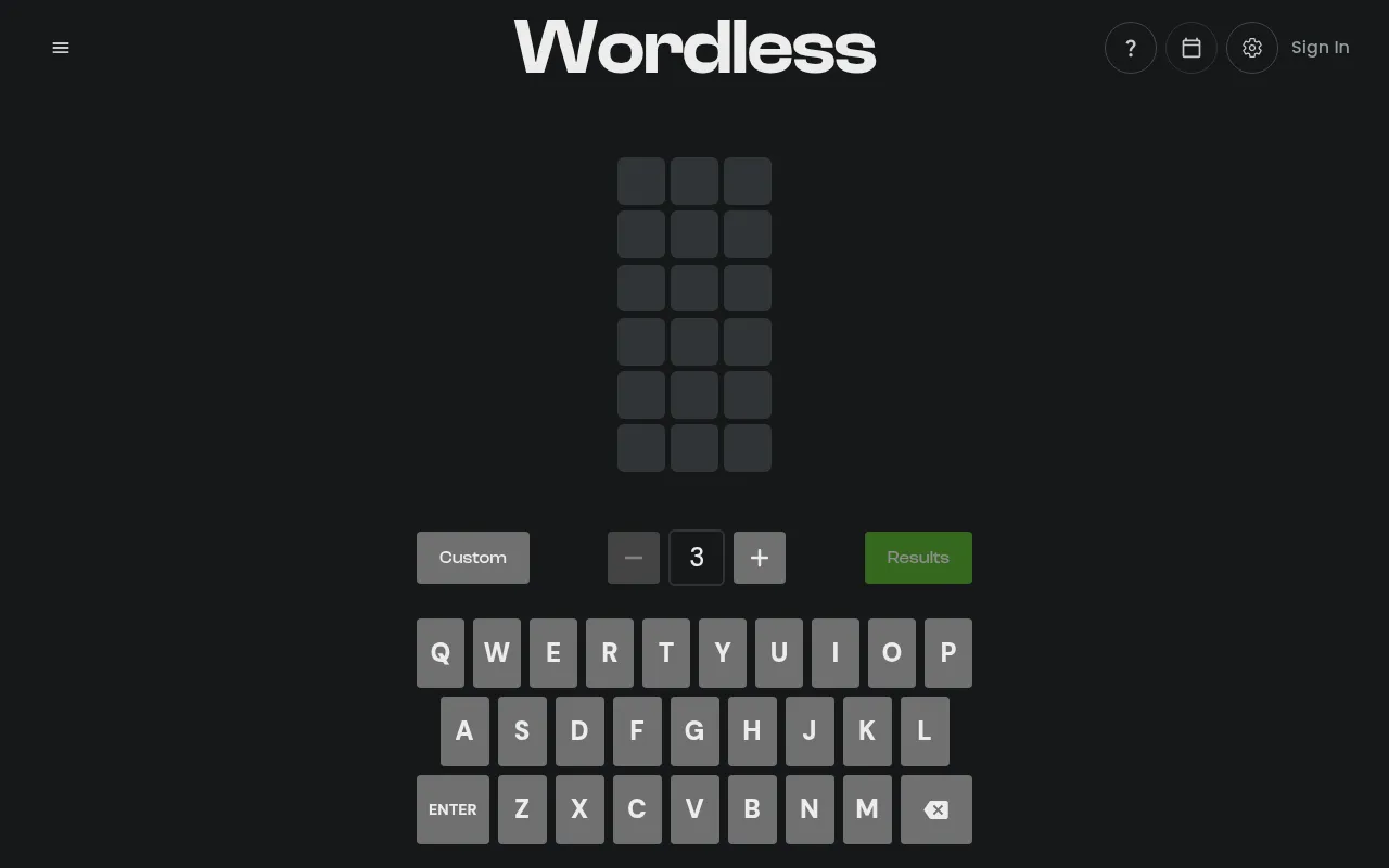 The Wordless board: an empty grid of six rows of three tiles, a word-length picker set to 3 between Custom and Results buttons, and an on-screen keyboard