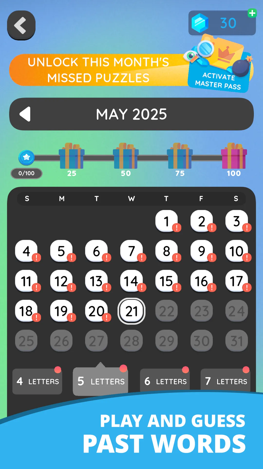 Wordling's calendar of a month's daily words, with unsolved days marked and tabs for four, five, six and seven letters