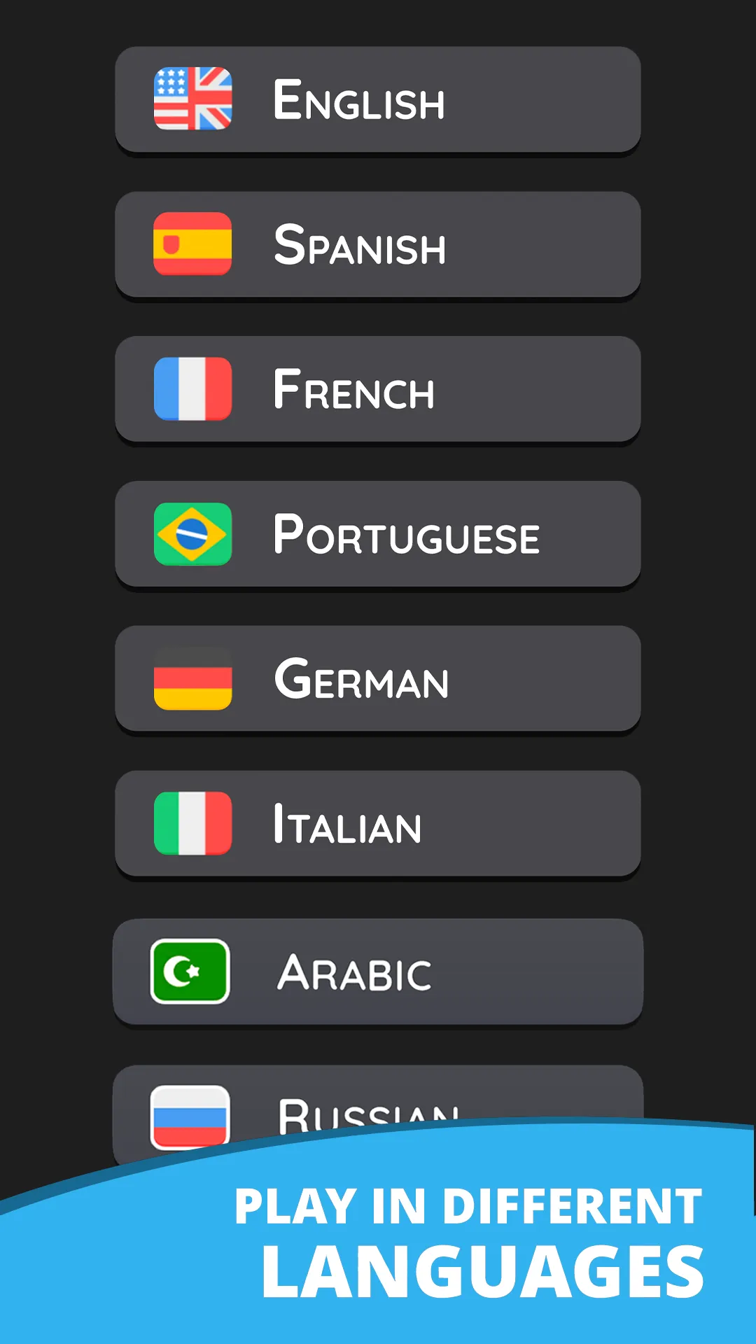 Wordling's language menu listing English, Spanish, French, Portuguese, German, Italian, Arabic and Russian