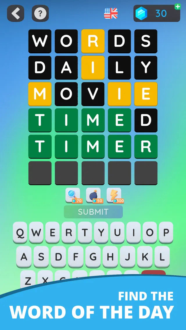 A Wordling five-letter board solved on the fifth guess, TIMER, with green, yellow and black tiles above the keyboard, captioned Find the word of the day