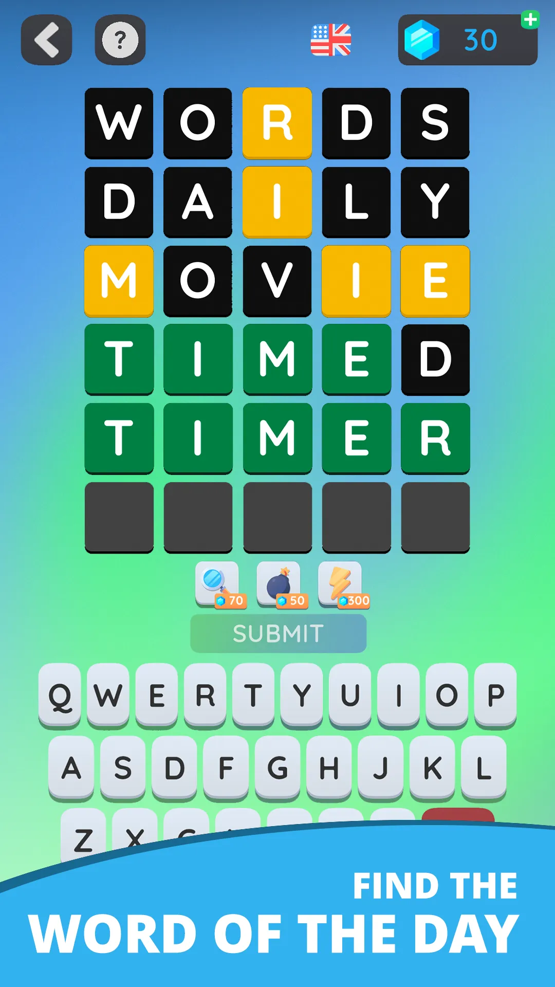 A Wordling five-letter board solved on the fifth guess, TIMER, with green, yellow and black tiles above the keyboard, captioned Find the word of the day