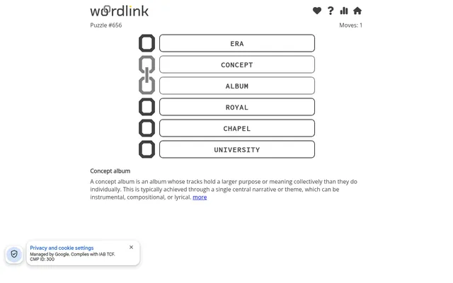 WordLink puzzle #656 on a desktop: CONCEPT and ALBUM joined by a silver link, with the definition of concept album shown below the chain