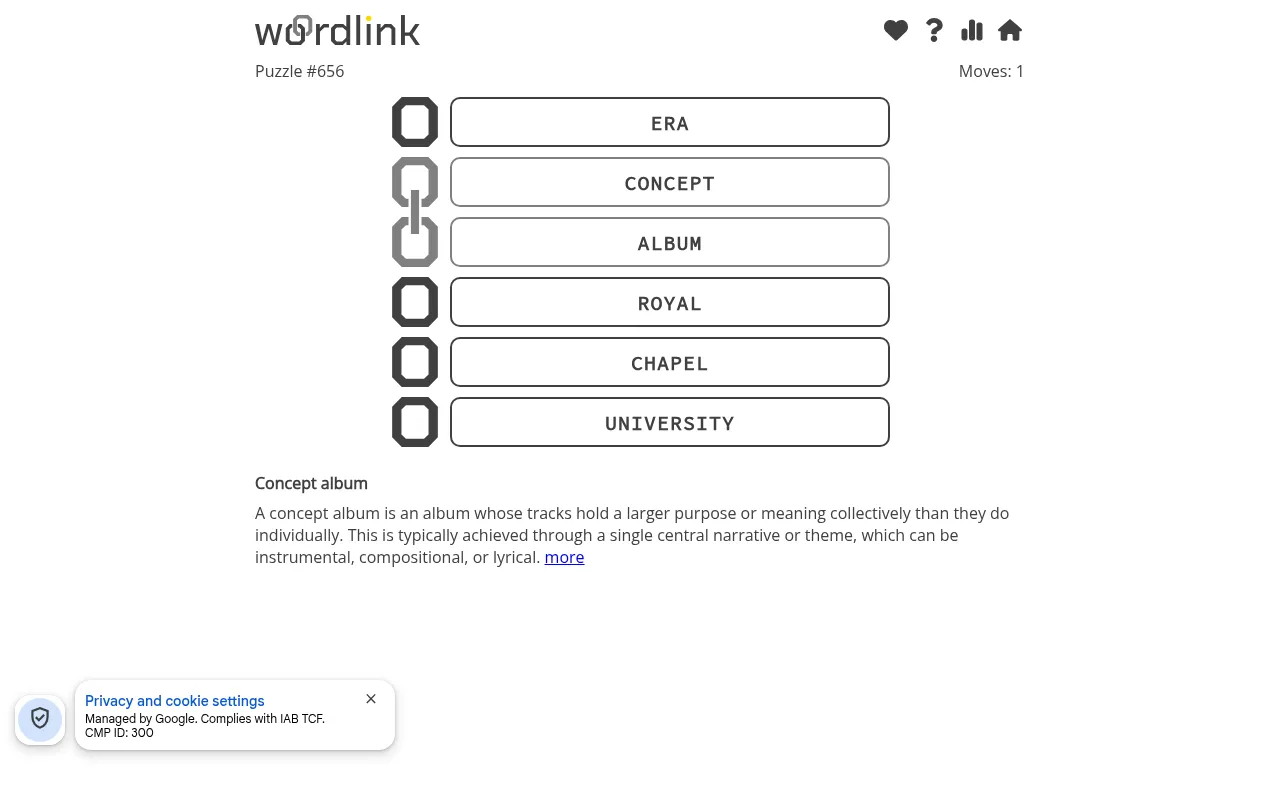 WordLink puzzle #656 on a desktop: CONCEPT and ALBUM joined by a silver link, with the definition of concept album shown below the chain