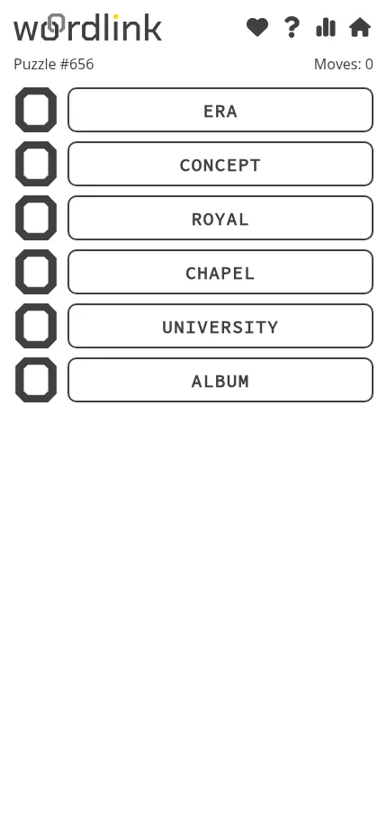 WordLink puzzle #656 at phone size: six words, ERA, CONCEPT, ROYAL, CHAPEL, UNIVERSITY and ALBUM, waiting to be chained