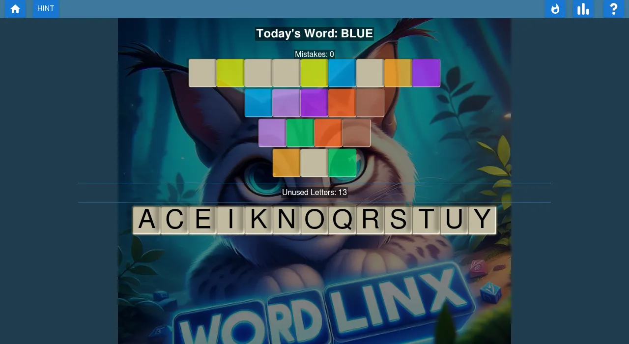 WordLinx with Today's Word: BLUE, four rows of coloured spaces, 0 mistakes and 13 unused letters A C E I K N O Q R S T U Y, over the game's lynx artwork