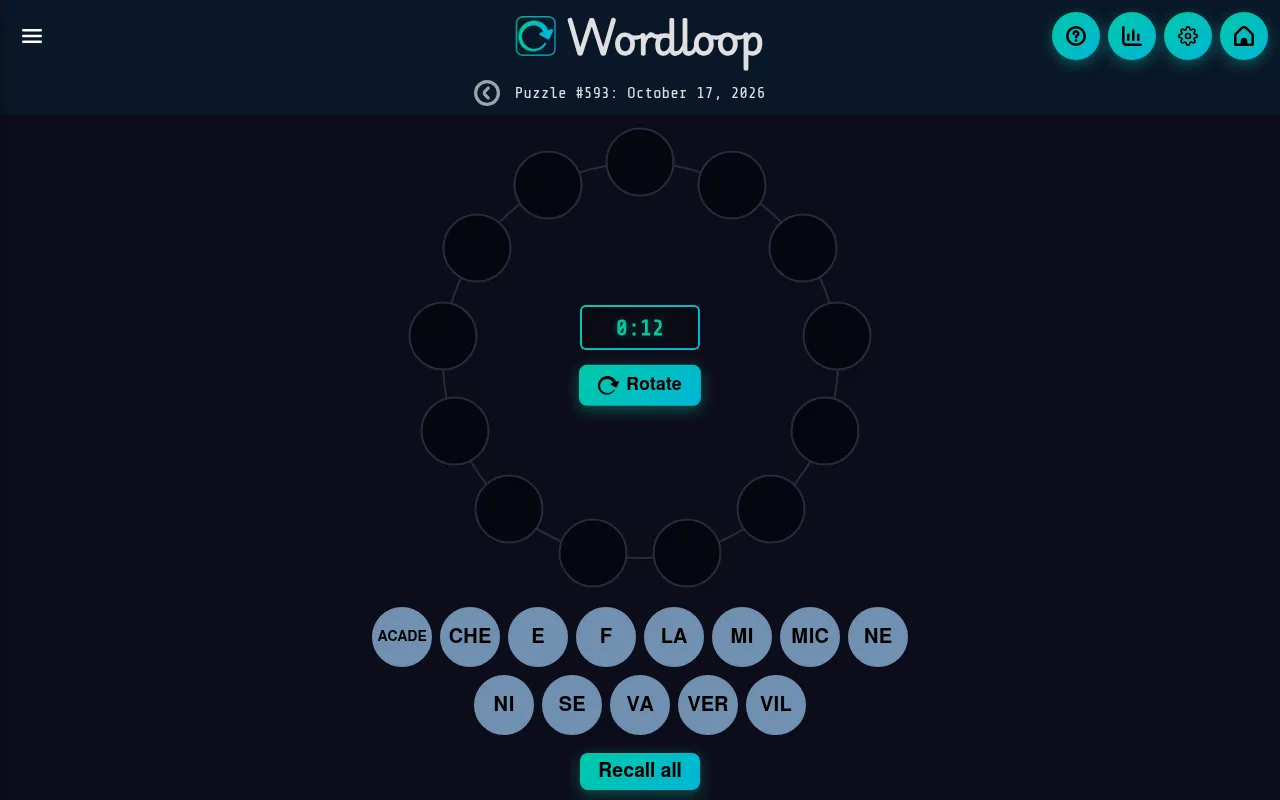 Wordloop puzzle #593 for October 17, 2026: an empty ring of 13 slots around a timer and a Rotate button, with segments such as ACADE, CHE, MIC, VIL and VER waiting below