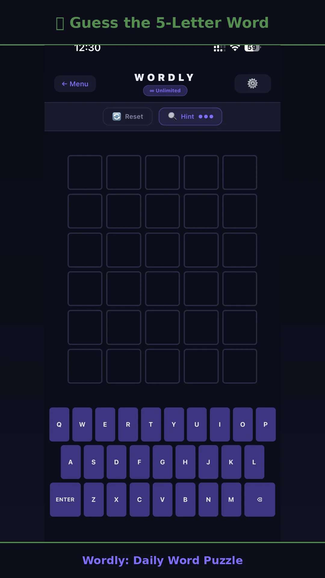 Wordly's empty six-row board with Reset and Hint buttons above the on-screen keyboard